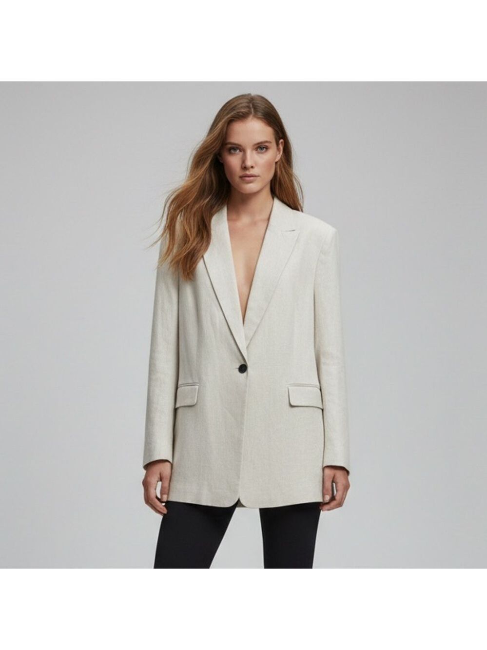 H&M Oversized Linen Blend Blazer Light Beige Sz XL Coastal Minimalist CorpCore